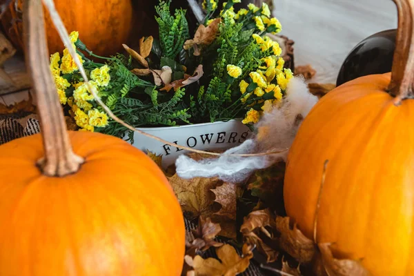 Pumpkins Fall Leaves Orange Balloons Artificial Cobweb Halloween Horror Concept — 图库照片