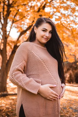 Pregnant woman standing in autumn city park forest, holding stroking her round belly with baby child inside. Fall time, red orange and yellow leaves. Mother's love, pregnancy concept