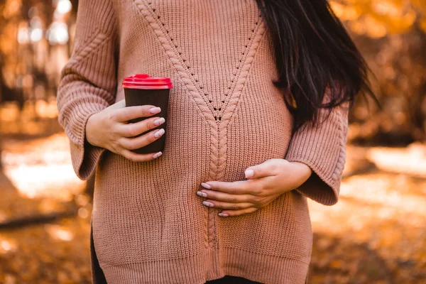 Pregnant woman standing in autumn city park forest, stroking her round belly with baby child inside, drinking hot beverage coffee tea. Fall time. Mother\'s love, pregnancy concept