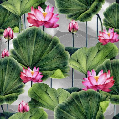 Pembe nilüfer deseni. Su pembesi bir zambak resmi. Renkli kalemler ve suluboya boyalarla el çizimi.