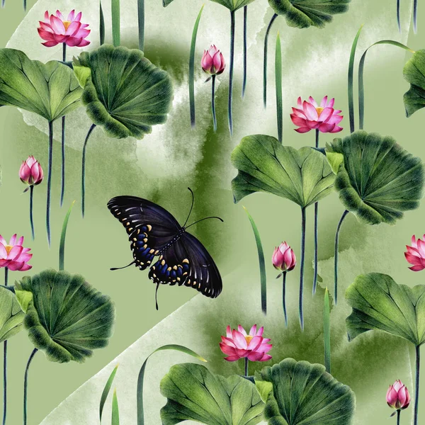 Rózsaszín Lótusz Pillangók Mintája Kézrajz Színes Ceruzák Akvarellek — Stock Fotó