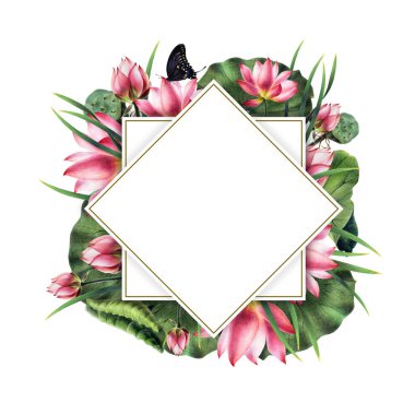 Eşkenar dörtgen çerçevesi, pembe nilüfer çiçekleri, tomurcuklar ve yeşil yapraklarla el boyanmış. Düğün davetiyeleri için çerçeve, yıldönümleri, tatiller.