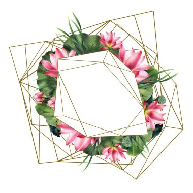 Çerçeve, pembe nilüfer çiçekleri, altın çizgiler ve yeşil yapraklarla elle boyanmış bir kristal. Düğün davetiyeleri için çerçeve, yıldönümleri, tatiller.