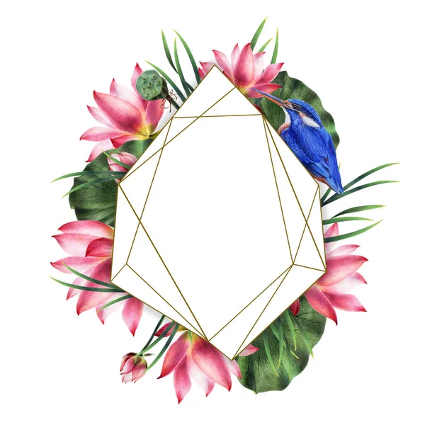 Rama Ręcznie Malowany Kryształ Różowymi Kwiatami Lotosu Pączkami Zielonymi Liśćmi — Zdjęcie stockowe