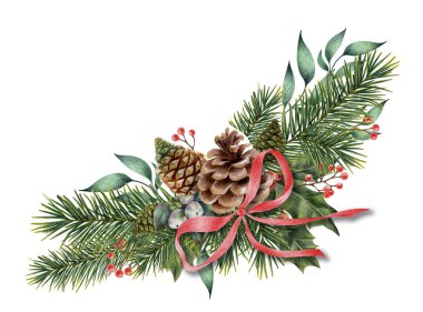 Külahlar, kırmızı böğürtlenli ladin dalları. Noel ve Yeni Yıl için kutlama madalyası. Renkli kalemlerle el çizimi. Noel kompozisyonu, ayarla.