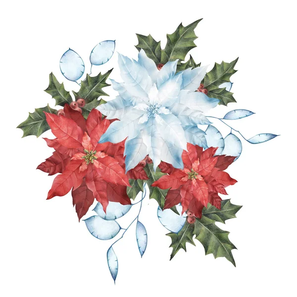 Ilustración Una Composición Navideña Poinsettia Blanca Roja Decoración Festiva Navidad —  Fotos de Stock