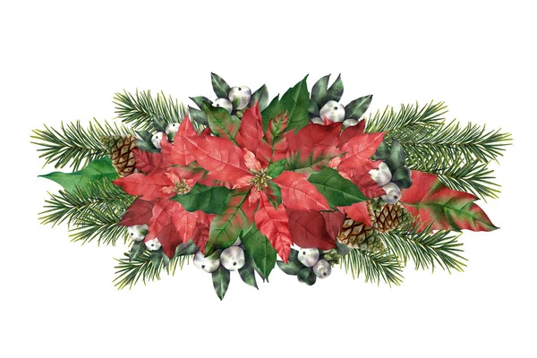 Illustration Christmas Wreath Composition Fir Branches Cones Red Poinsettia Festive — Stockfoto