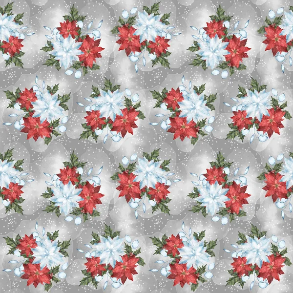 灰色の背景に赤と白のポインセチアのシームレスなクリスマスパターン 包装紙 デザインに使用できます — ストック写真