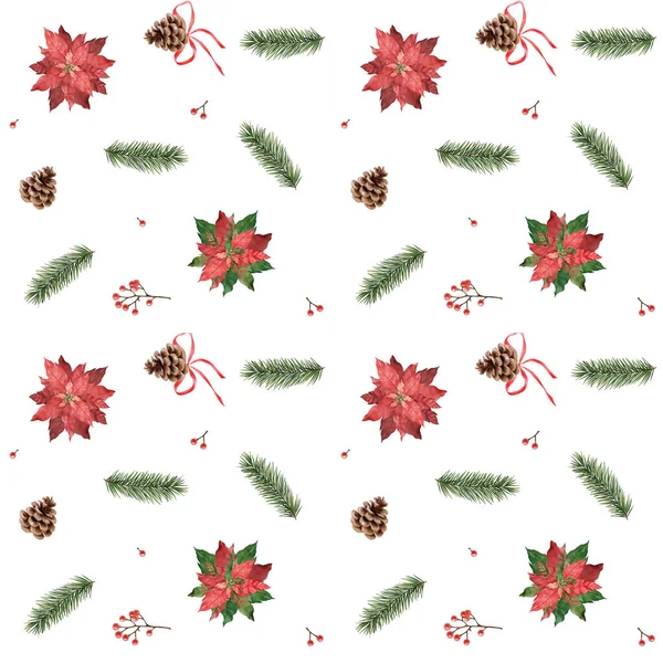 Seamless Christmas Pattern Red Poinsettia Berries Fir Cones Branches White — Stock Photo, Image