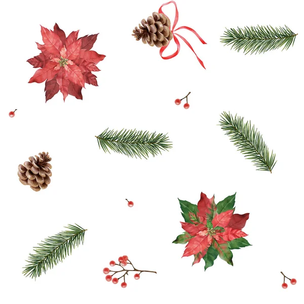 Seamless Christmas Pattern Red Poinsettia Berries Fir Cones Branches White — Stock Photo, Image