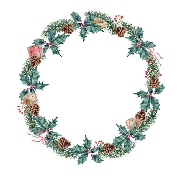 Illustration of a coniferous wreath hand-drawn with colored pencils, depicting branches, berries, cones, plants, gifts. Christmas illustration. New Year\'s composition. Winter theme.