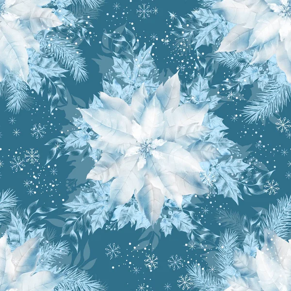 Бесшовный Узор Белых Пуансеттийских Цветов Синем Фоне Рождественская Тема Зимняя — стоковое фото