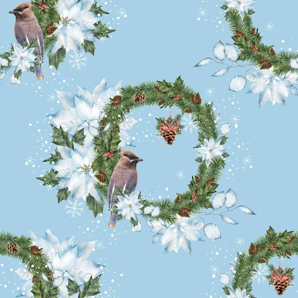 Seamless Pattern Christmas Wreaths Bird Festive Fabric Wrapping Paper Background — Fotografia de Stock