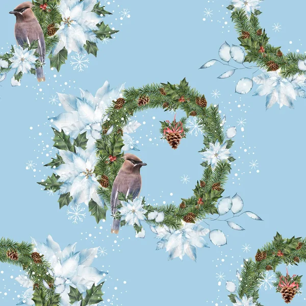 Bir Kuşla Noel Çelenklerinin Kusursuz Deseni Şenlikli Kumaş Ambalaj Kağıdı Stok Resim