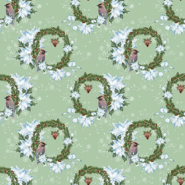 Seamless Pattern Christmas Wreaths Bird Festive Fabric Wrapping Paper Background — Stock Photo, Image