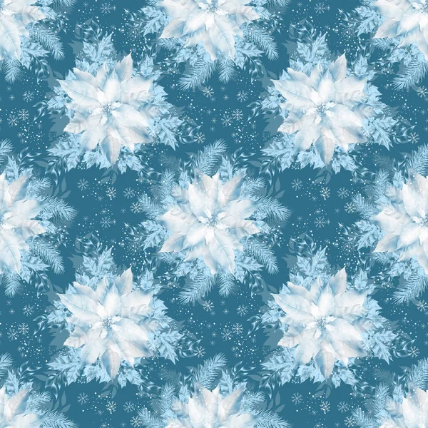 Απρόσκοπτη Μοτίβο Των Λευκών Λουλουδιών Poinsettia Μπλε Φόντο Χριστουγεννιάτικο Θέμα — Φωτογραφία Αρχείου