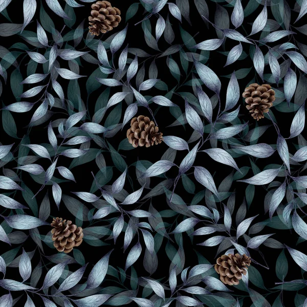 Seamless Dark Pattern Plant Branches Cones Festive Fabric — Stock Fotó