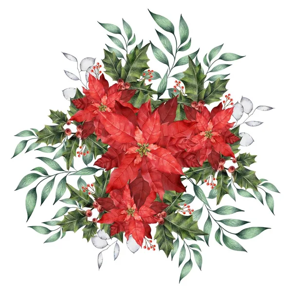 Köşedeki Kompozisyon Kırmızı Noktalı Yıldız Yeşil Yapraklar Kırmızı Böğürtlenlerden Yapılmış — Stok fotoğraf
