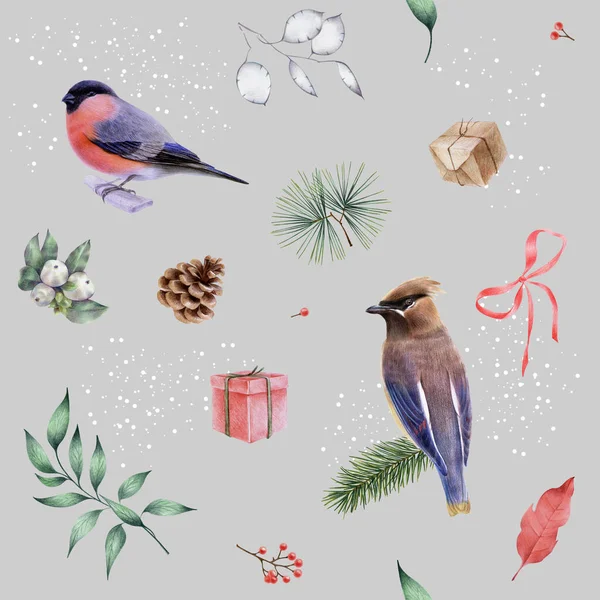 Kuşlarla Kusursuz Bir Desen Noel Temalı Noel Yeni Yıl Paket — Stok fotoğraf