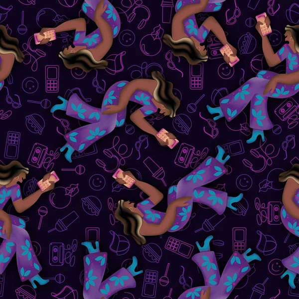 Seamless Pattern Retro Futuristic Style Popularized Generation Millennials Nostalgia Pop 스톡 사진