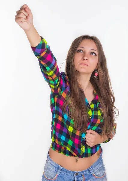 Young girl raises her hand up — Stock Photo, Image