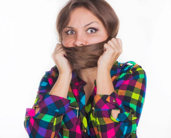Young girl hid her face in the hair — Stock Photo, Image