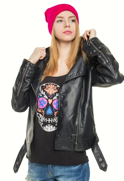 A young girl in a hat and a leather jacket — Stock Photo, Image