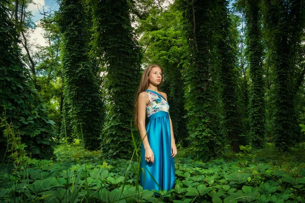 Vacker flicka i en lång blå klänning som poserar i en sommar — Stockfoto