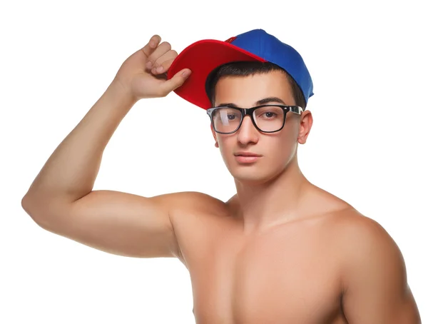 Atlético chico en gafas y un gorro — Foto de Stock