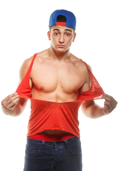 Athletic guy in the cap breaks for yourself jersey — Stock Photo, Image
