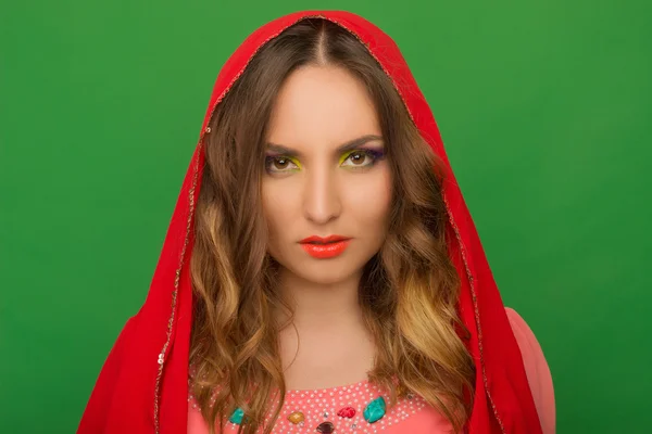 Portrait of beautiful girl with bright Up Make Up and a red kerc — Stock Photo, Image