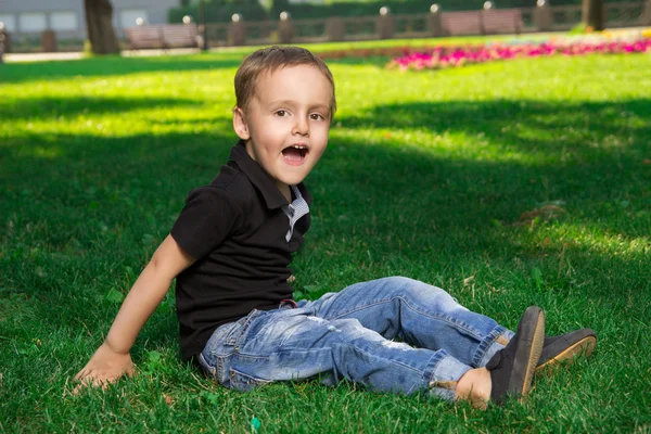 小さな男の子は草の上に座っている間広い口を開いた — ストック写真