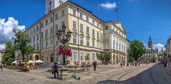 Lviv, Ukraine 07.07.2021. Town hall on the Market square of Lviv, Ukraine, on a sunny summer day