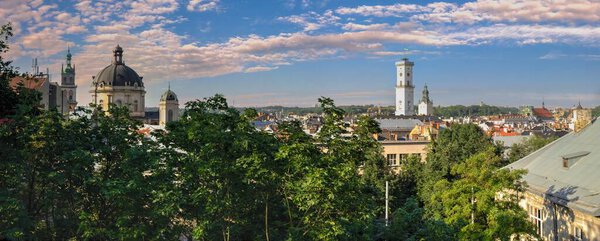 Lviv, Ukraine 07.07.2021. Panoramic view of the old town of Lviv, Ukraine, on a sunny summer day