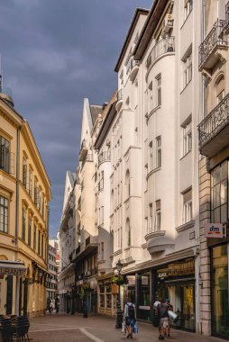 Budapeşte, Macaristan 18.08.2021. Macaristan 'ın eski Budapeşte kentinin mimarisi, güneşli bir yaz sabahı