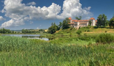 Svirzh, Ukrayna 10.07.2021. Ukrayna 'nın Lviv bölgesindeki Svirzh Kalesi güneşli bir yaz gününde