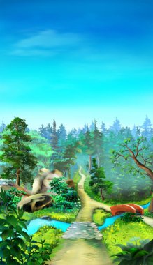 Bir yaz günü, ormanın üzerinde mavi gökyüzü. Dijital Boyama Arkaplanı, Resimler.