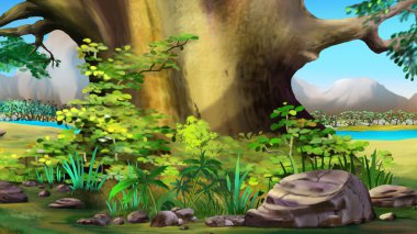 Güneşli bir yaz gününde bir ağacın eteğindeki büyük taşlar. Dijital Boyama Arkaplanı, Resimler.