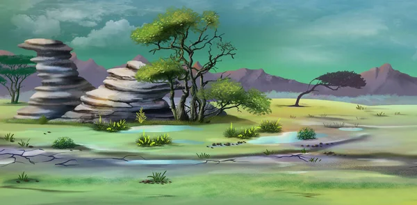 Африканська Савана Після Тропічної Зливи Digital Painting Background Illustration — стокове фото