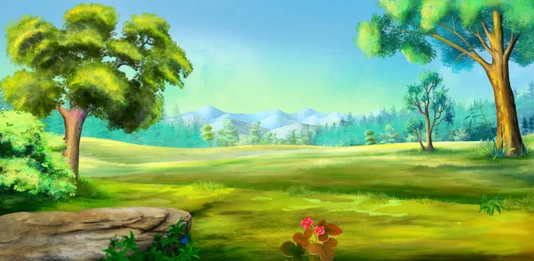 夏日阳光灿烂的草原上的风景 数码绘画背景 — 图库照片
