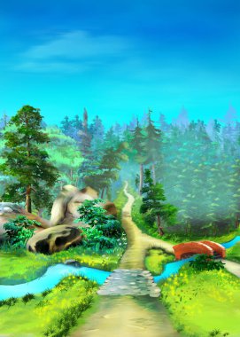 Bir yaz günü, ormanın üzerinde mavi gökyüzü. Dijital Boyama Arkaplanı, Resimler.