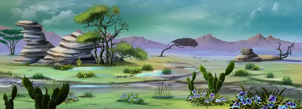 Afrykańska Sawanna Dzika Tropikalnej Burzy Cyfrowe Tło Malarstwa Ilustracja — Zdjęcie stockowe