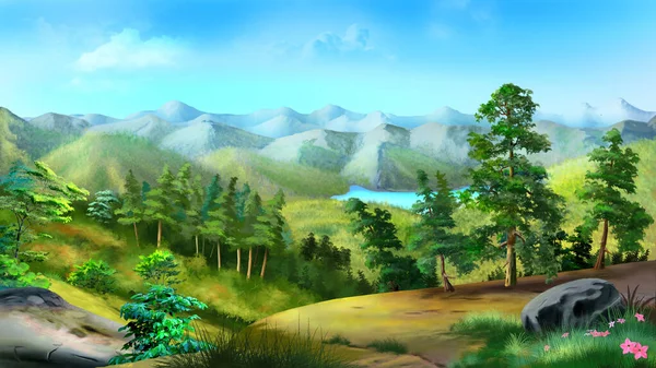 Lago Bosque Pie Las Montañas Fondo Pintura Digital Ilustración — Foto de Stock