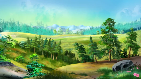 Forest Foot Mountains Digital Painting Background Illustration — Stock Photo, Image