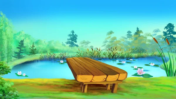 Wooden Bridge Pond Sunny Day Digital Painting Background Illustration — Stock Photo, Image