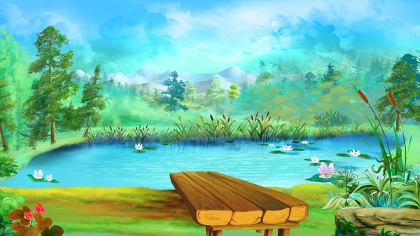 Wooden bridge near the pond on a sunny day. Digital Painting Background, Illustration.