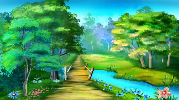 森林溪流上的小木桥 数码绘画背景 — 图库照片