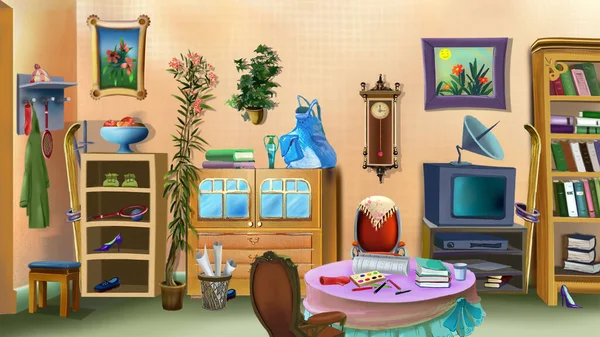 Cartoon room interior in retro style. Digital Painting Background, Illustration.