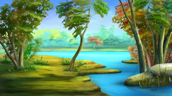 Güneşli bir yaz gününde, yaprak döken bir ormandaki geniş bir nehrin kıyısında. Dijital Boyama Arkaplanı, Resimler.