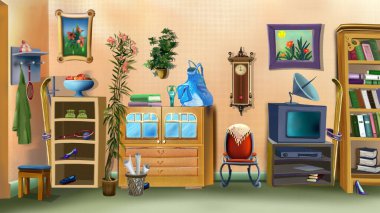 Çizgi film odasının içi eski moda. Dijital Boyama Arkaplanı, Resimler.